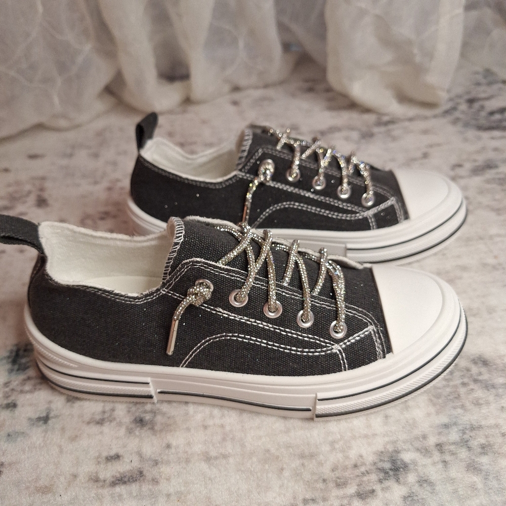 Very G Slip On Black Glitter White & Glitter Laces Canvas Platform Sneakers 8 - Picture 3 of 7
